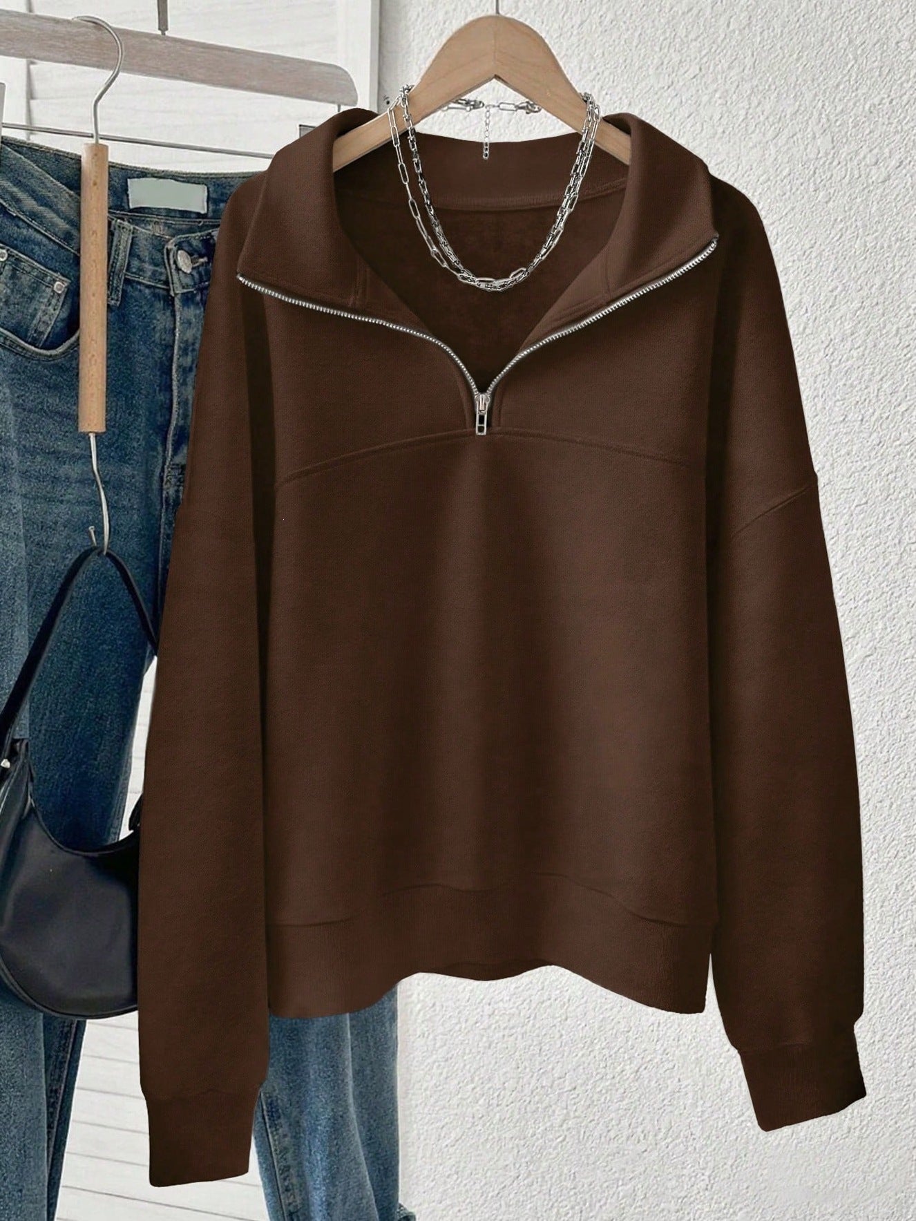 Solid Fleece Sweatshirt Casual Half Zip Oversized
