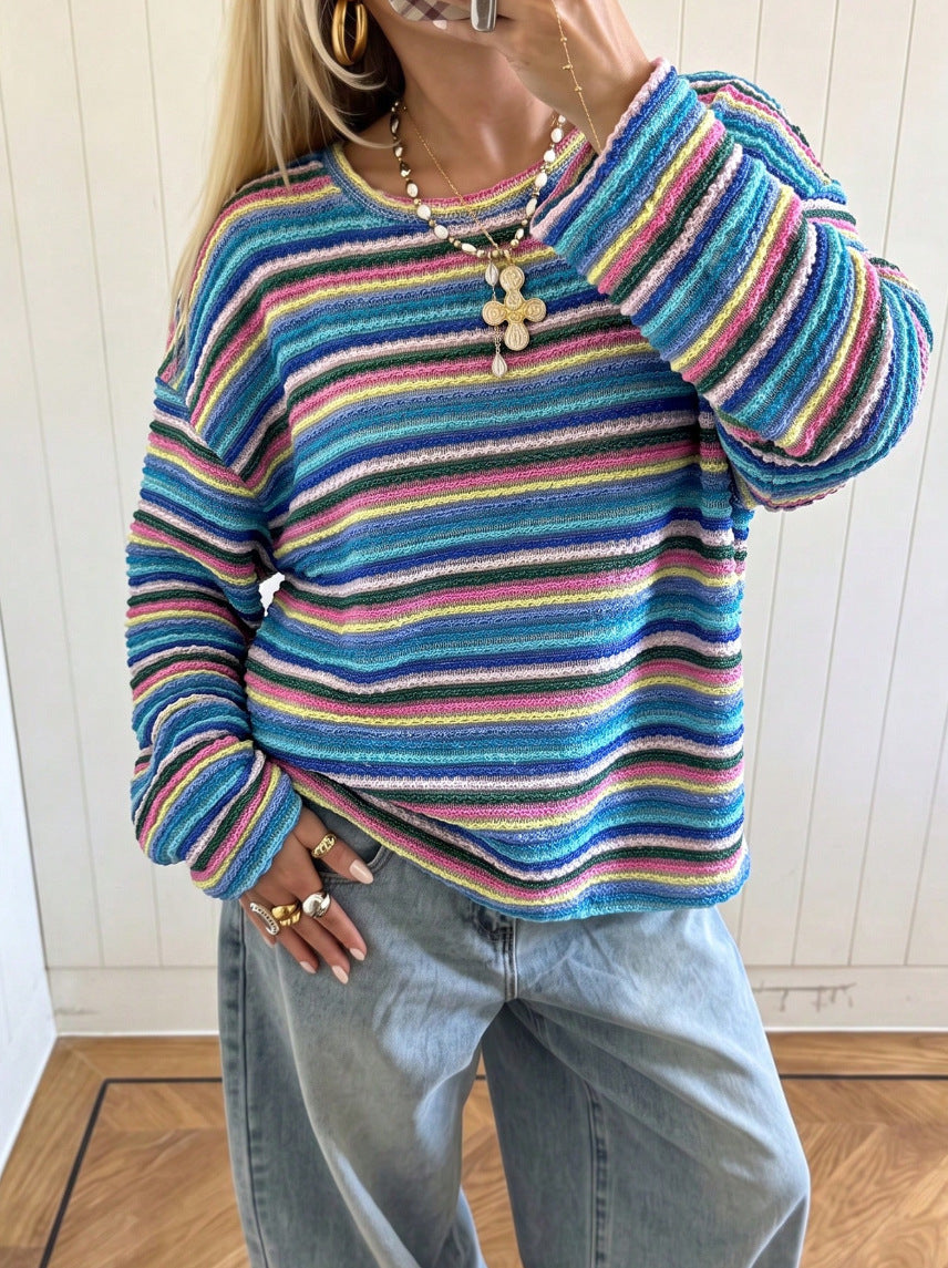 Women's Colorful Striped Knit Sweater Long Sleeve Casual