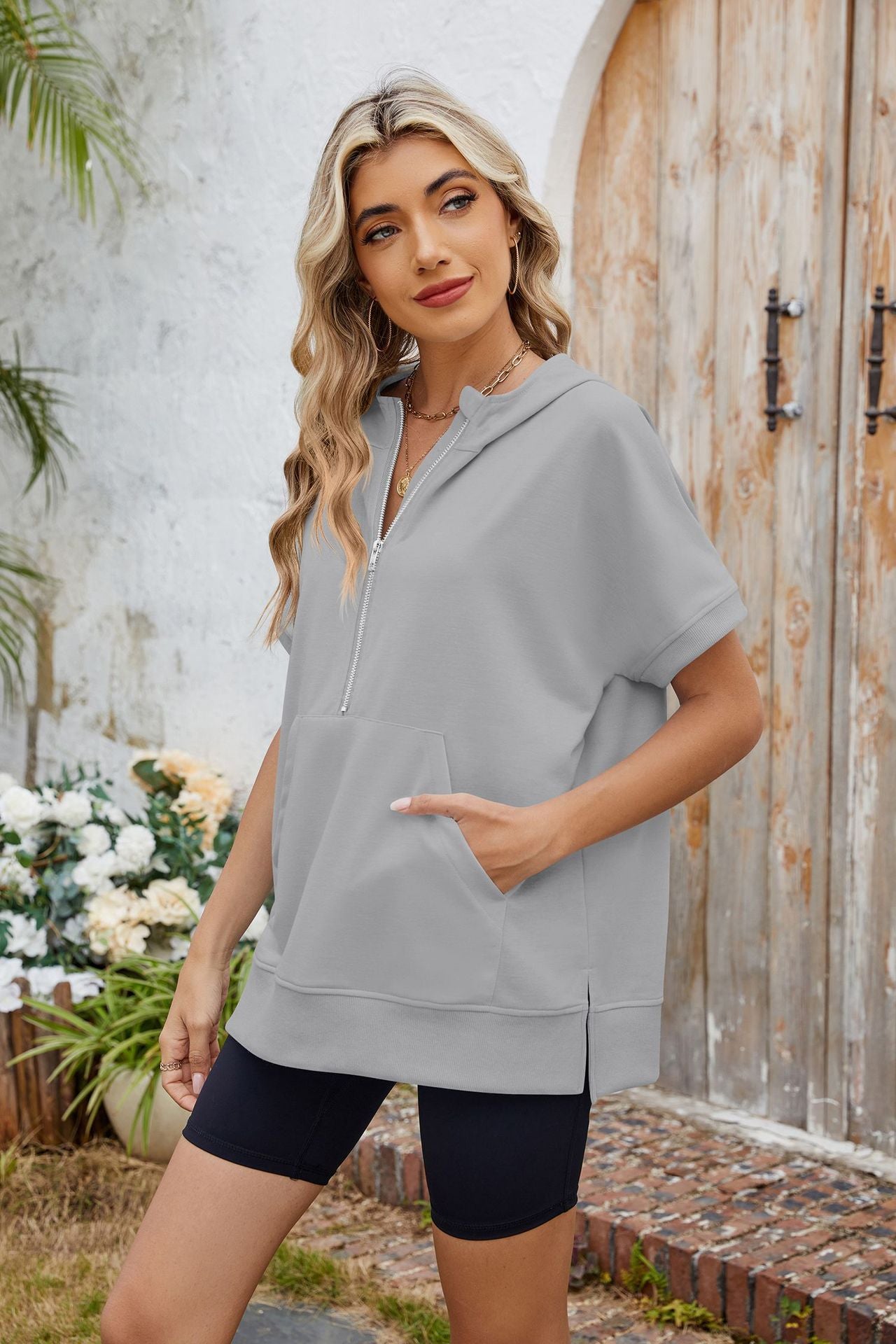 Hooded Short Sleeve Zipper Pocket Sweatshirt