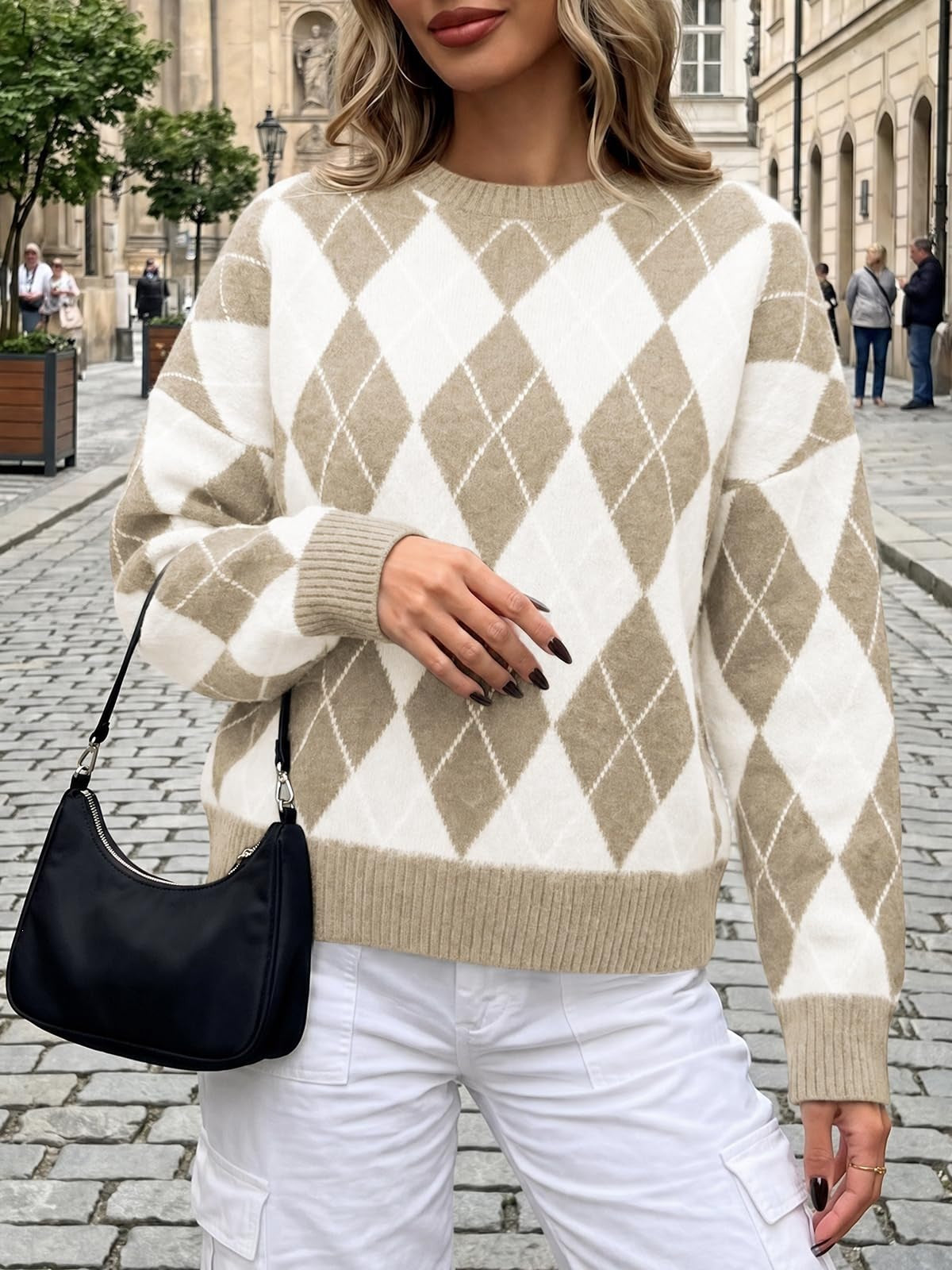 Women's Oversized Argyle Colorblock Crewneck Sweater