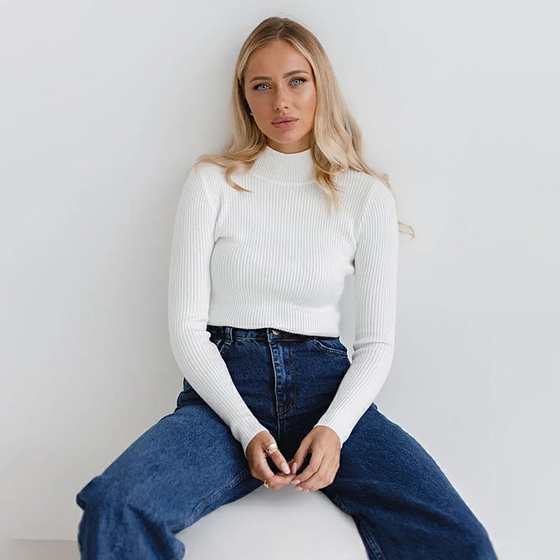 Ribbed Mock Neck Sweater Slim Fit Long Sleeve Knit Top