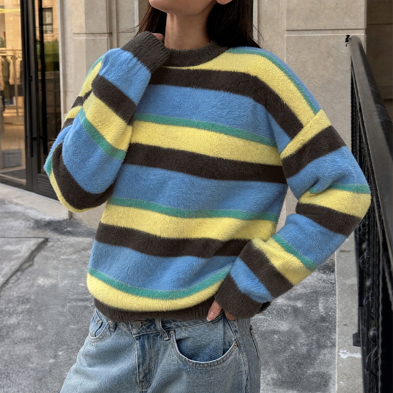 Oversized Color Block Striped Fuzzy Crew Neck Sweater