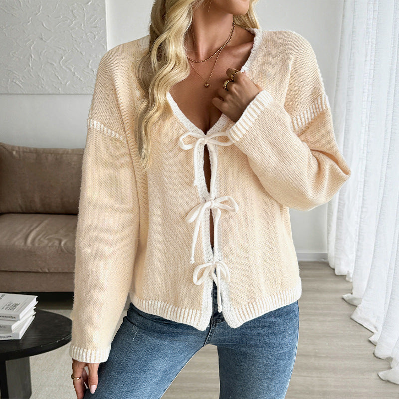 Contrast Trim Tie Front Knit Cardigan Sweater Women