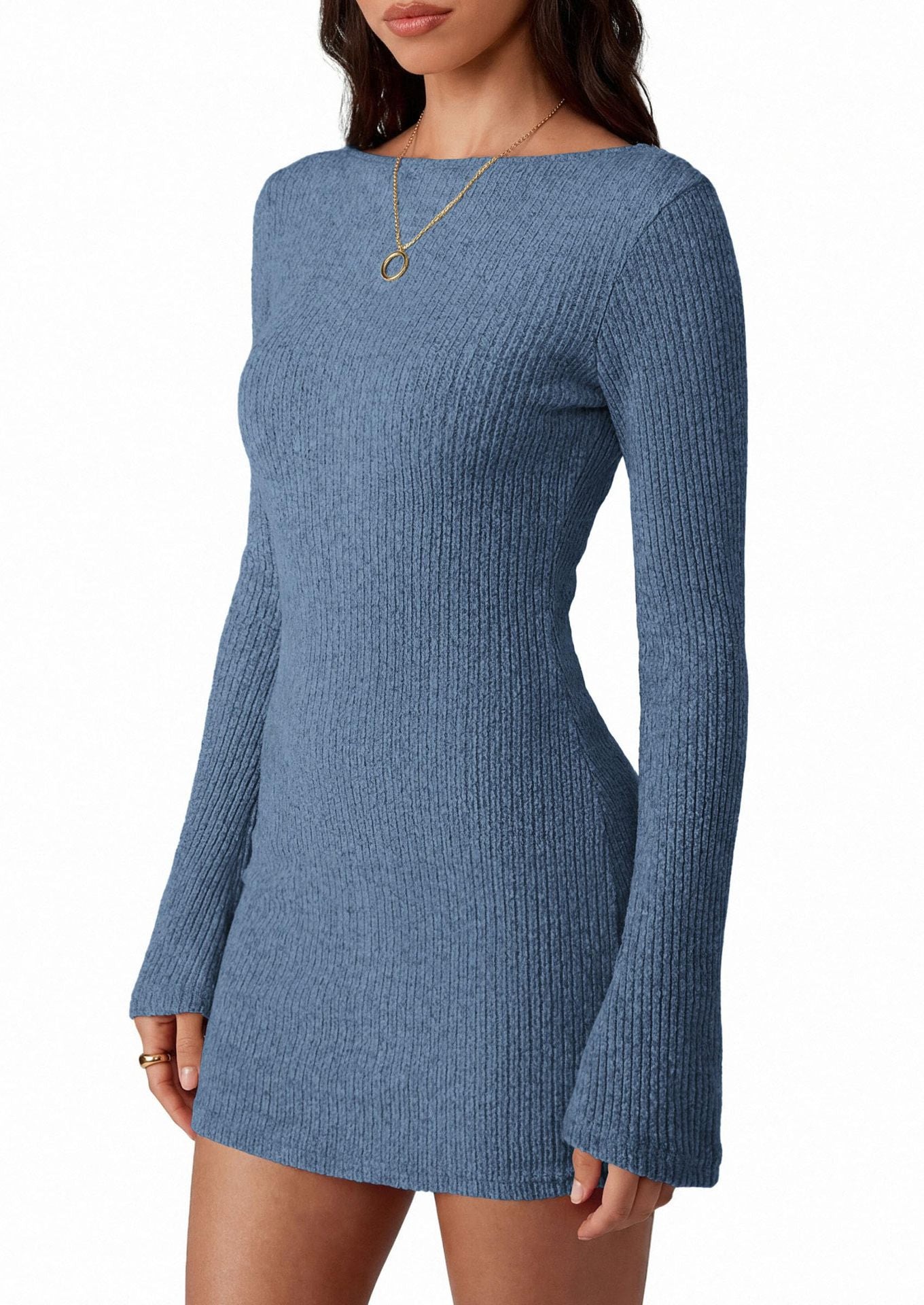 Ribbed Knit Mini Dress Long Sleeve Slim Fit Casual Style