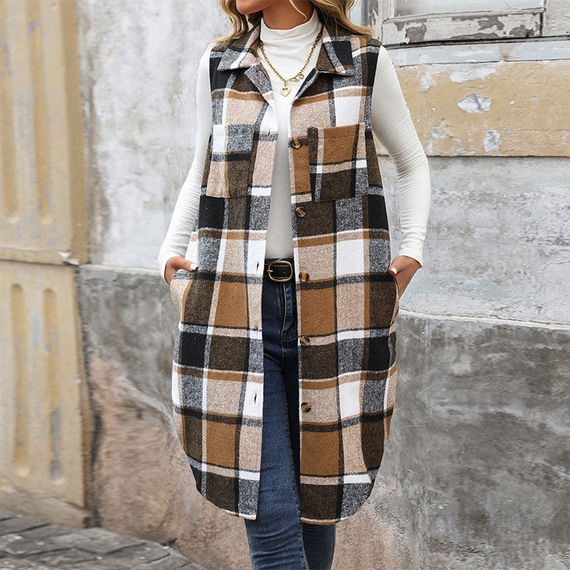 Women Plaid Sleeveless Open Front Long Cardigan Vest