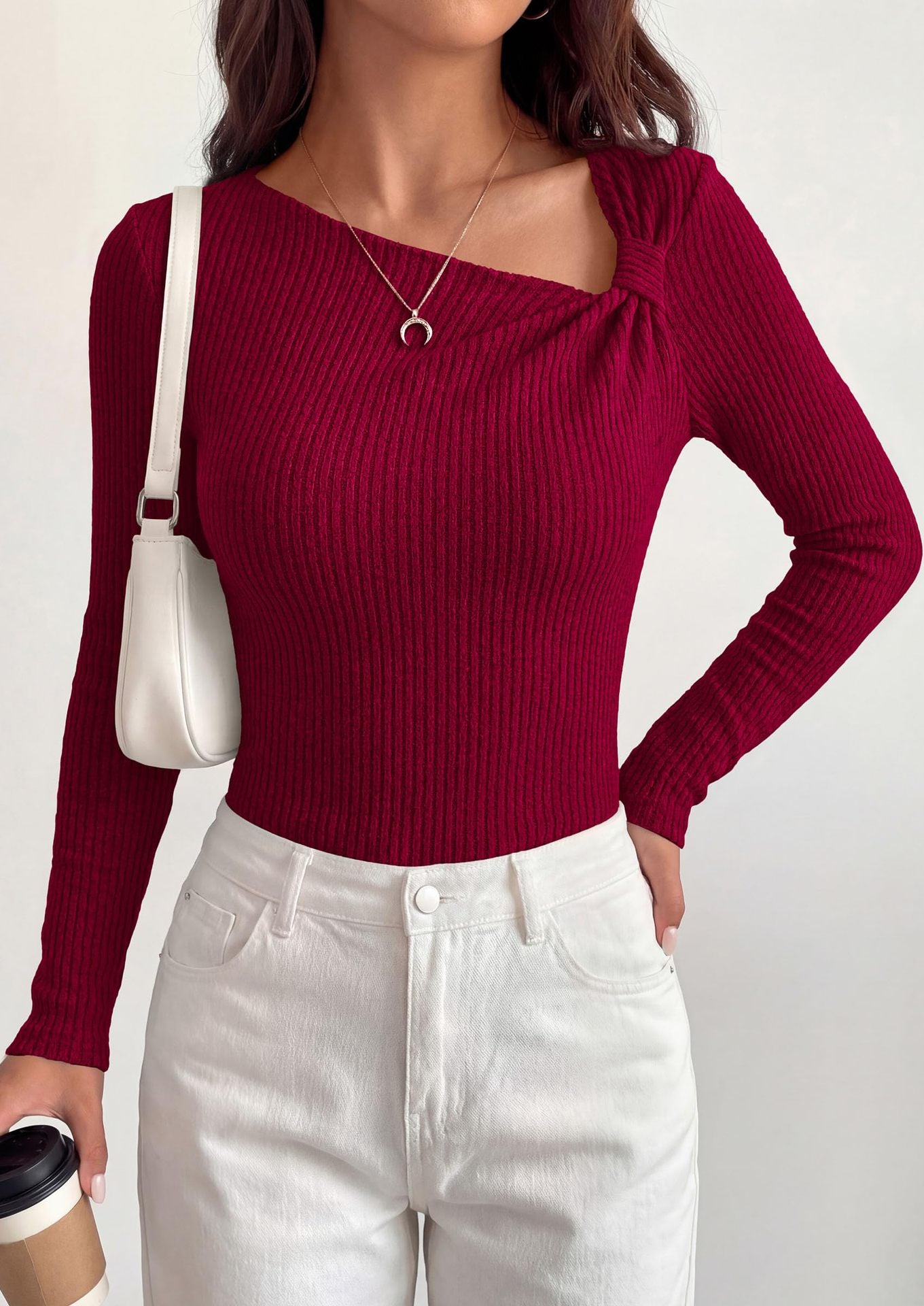 Asymmetrical Ribbed Knit Long Sleeve Sweater Top