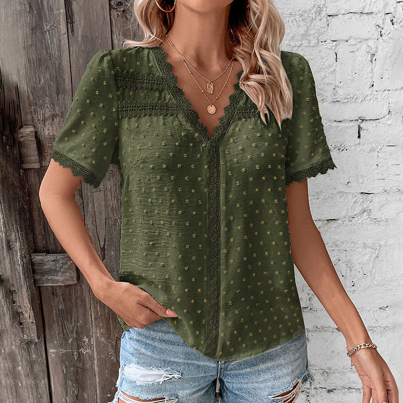 Women's Lace V-Neck Short Sleeve Blouse Summer Top