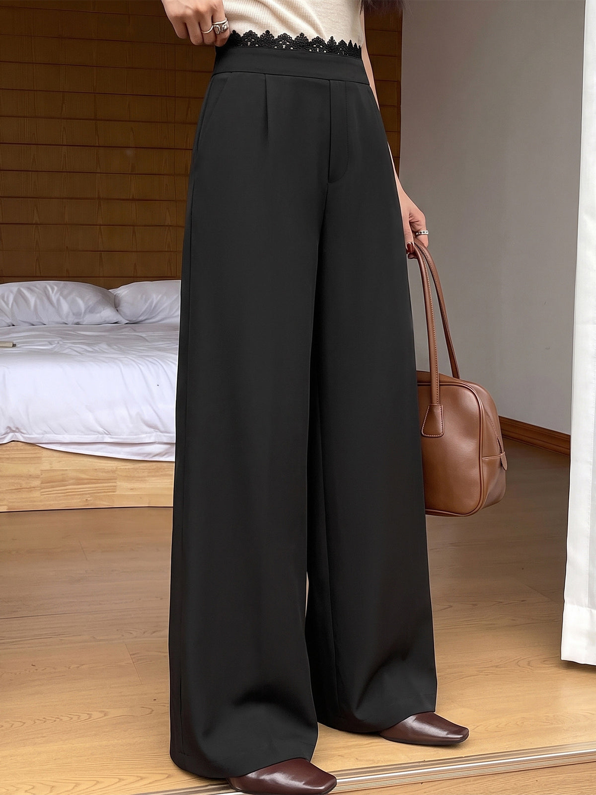 Women's High Waist Lace Trim Wide Leg Pants
