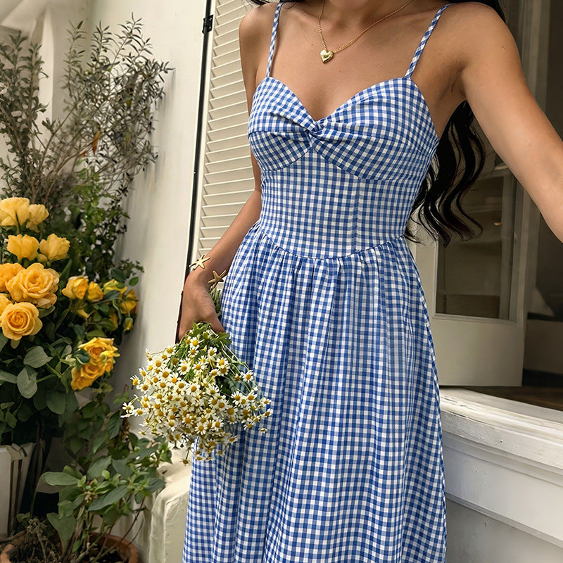 Gingham Midi Dress Cottagecore Bow Spaghetti Strap