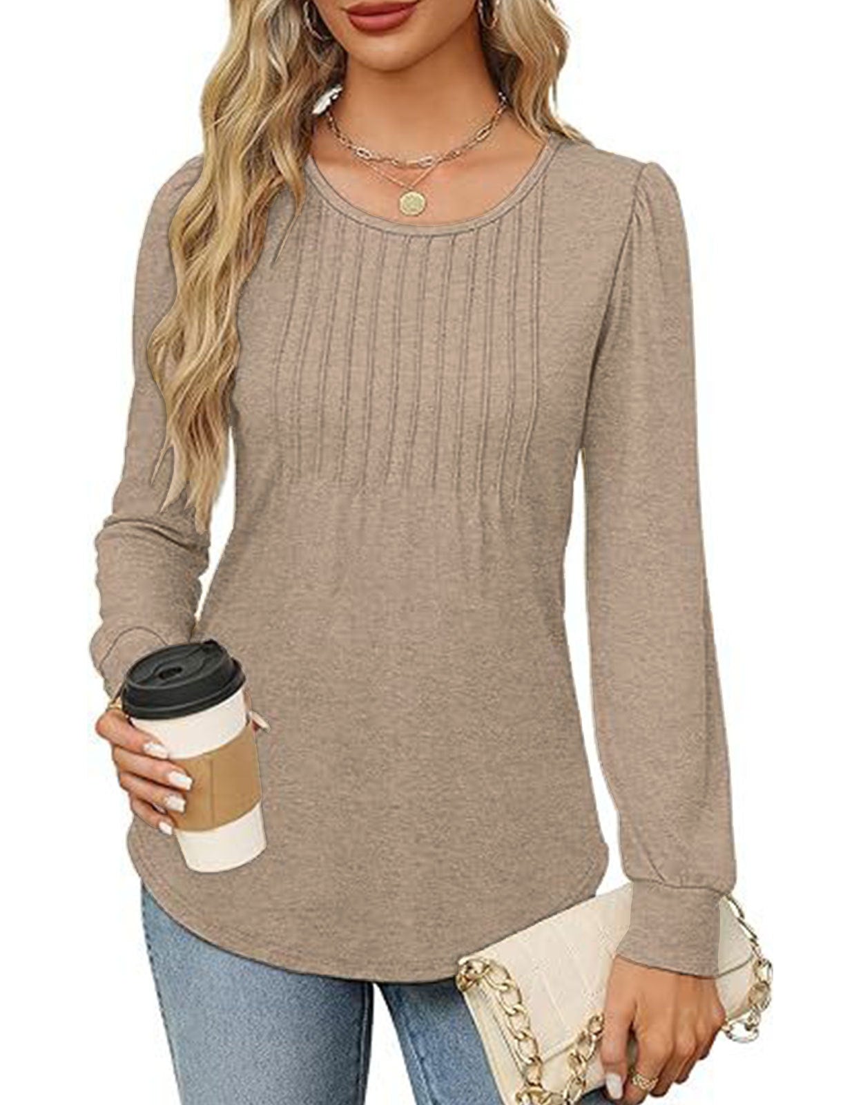 Solid Cotton Top Casual Pleated Puff Sleeve