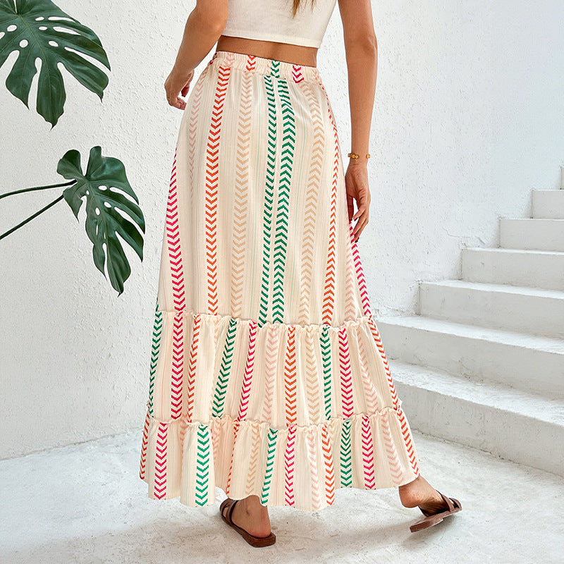 2025 Summer Color-Block Print Elastic Waist Bohemian Patchwork Skirt
