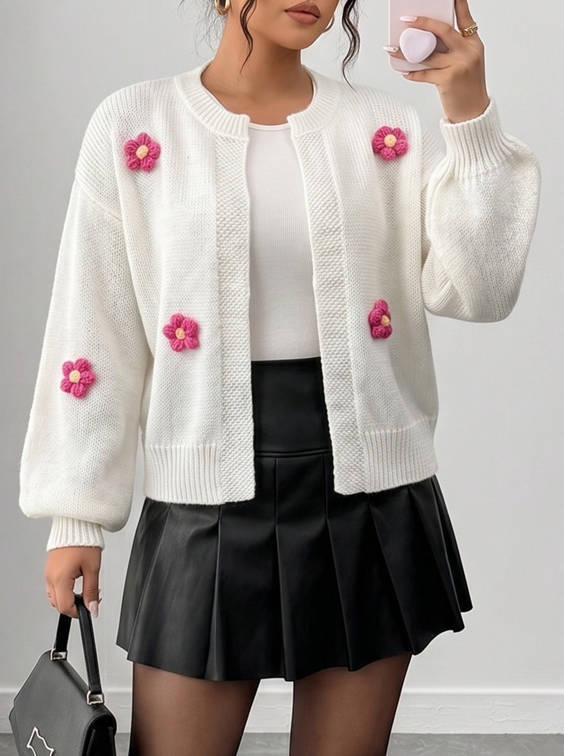 Women's Crochet Flower Cardigan Lantern Sleeve Knit Sweater