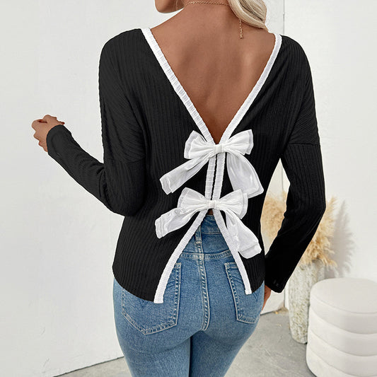 Sexy Backless Bow Tie Ribbed Long Sleeve Black Top