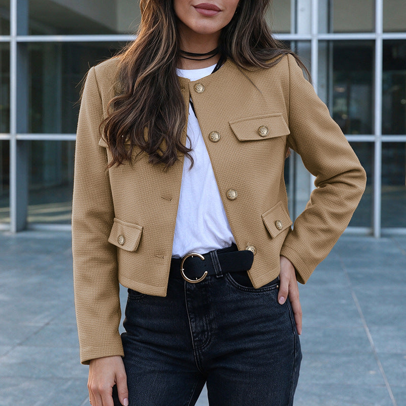 Cropped Tweed Blazer Collarless with Pockets
