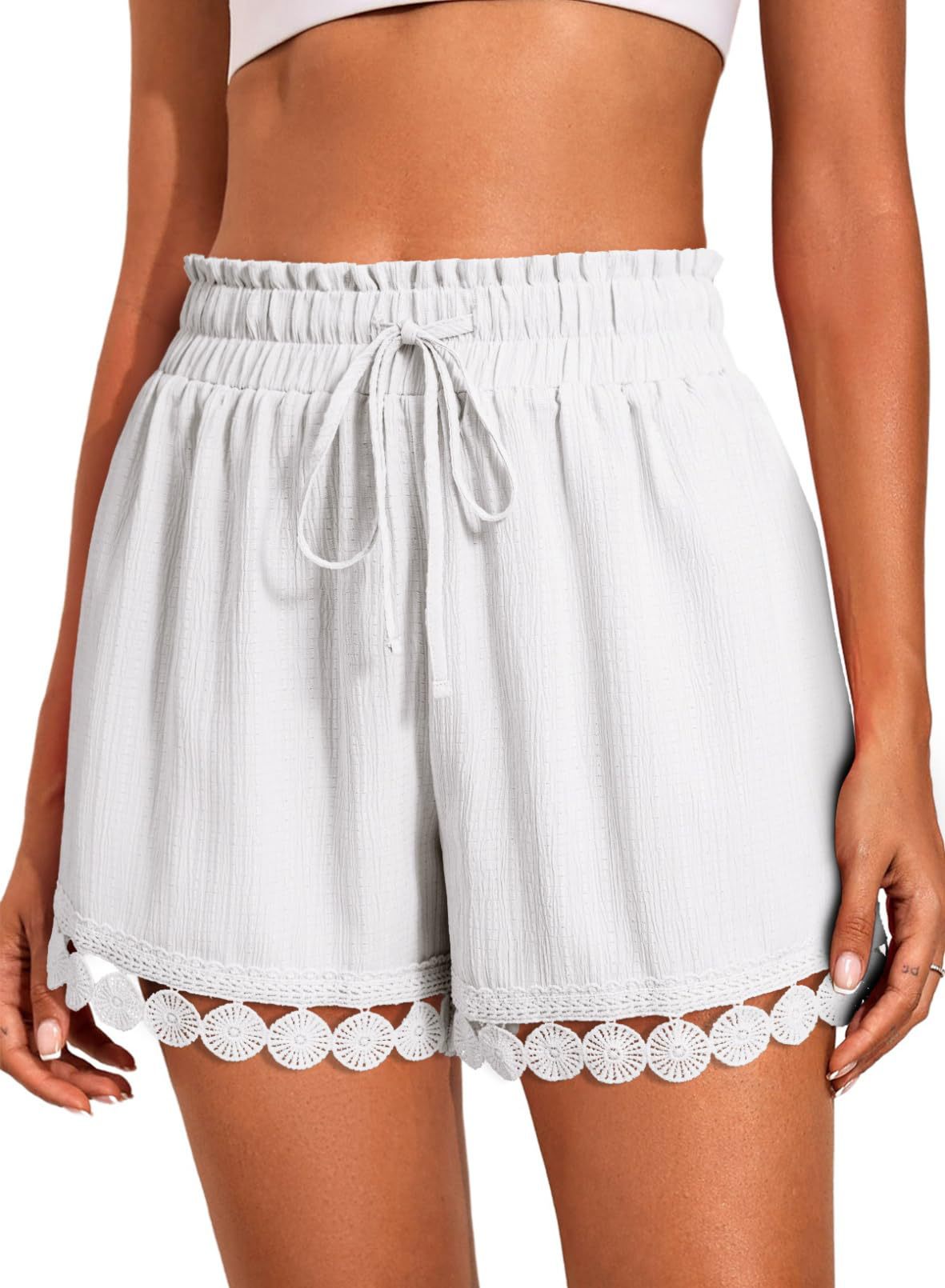 Women’s Lace Trim Drawstring Beach Shorts Casual Loose Fit