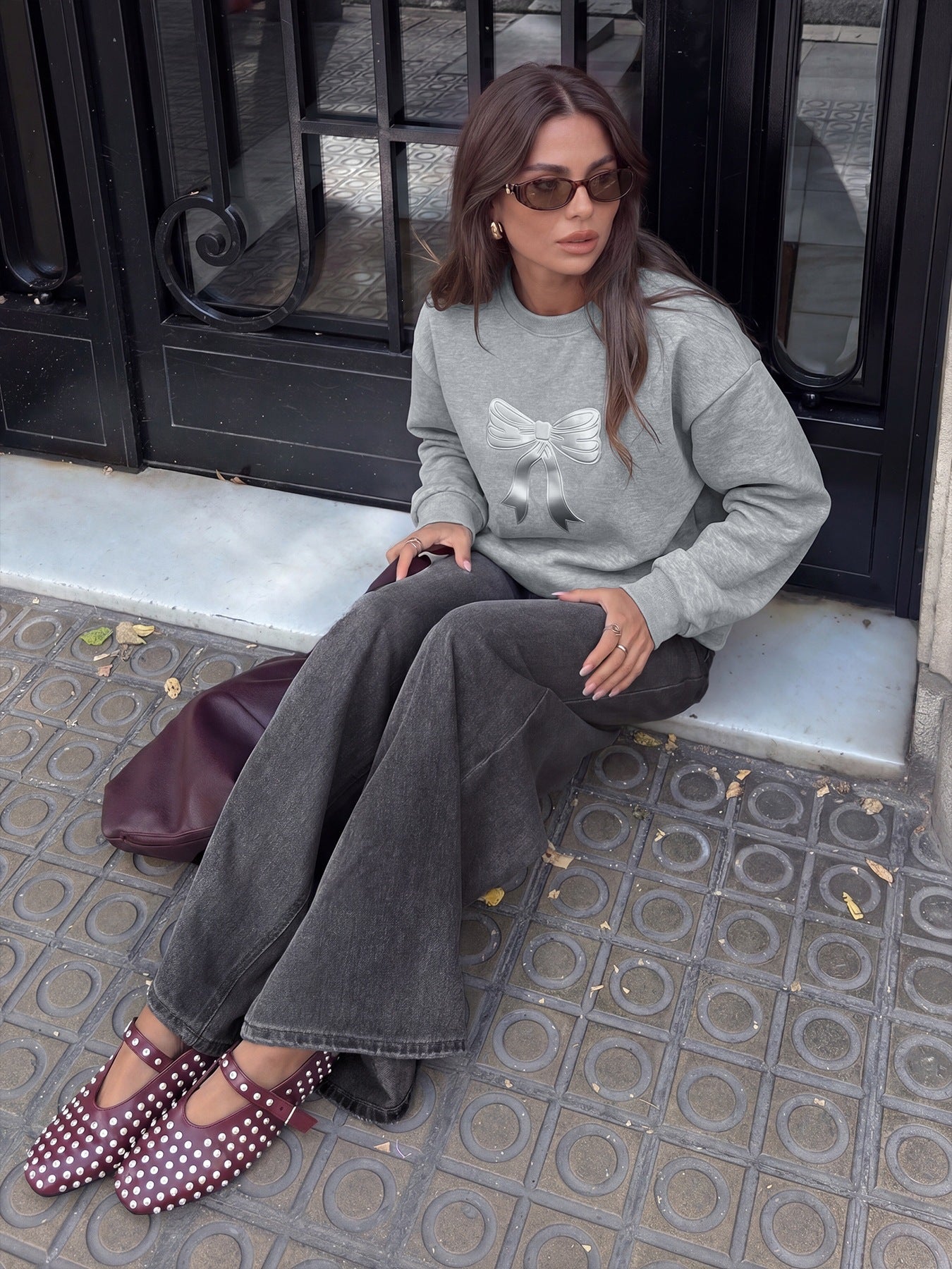 Bow Print Sweatshirt Terry Top Casual Oversized Trendy Style