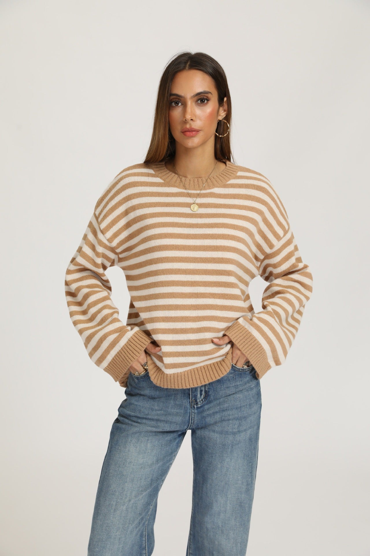 Striped Oversized Crew Neck Knit Sweater Casual Pullover