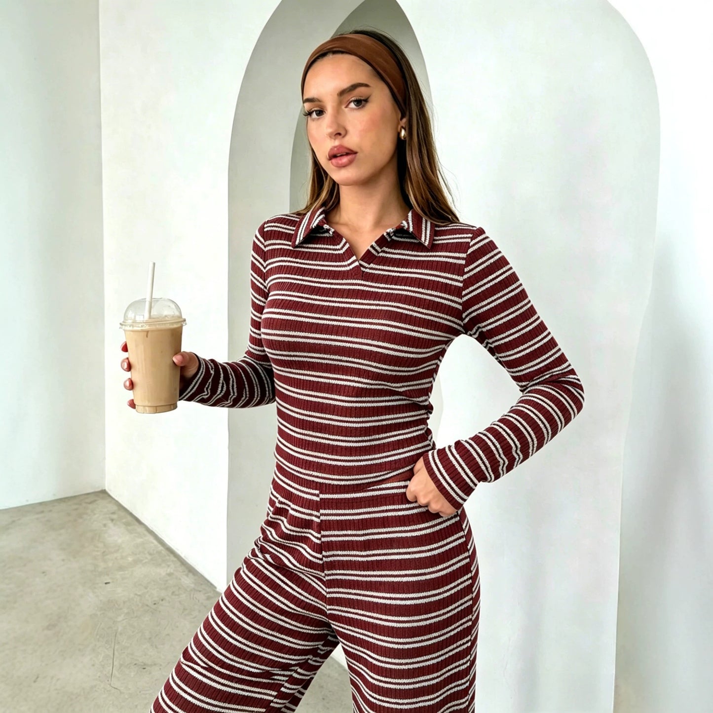 Striped Ribbed Jumpsuit Loungewear Collared Wide Leg Fitted