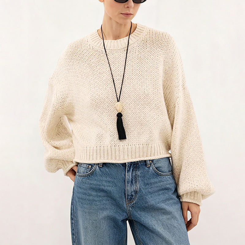 Women's Oversized Chunky Crew Neck Balloon Sleeve Sweater