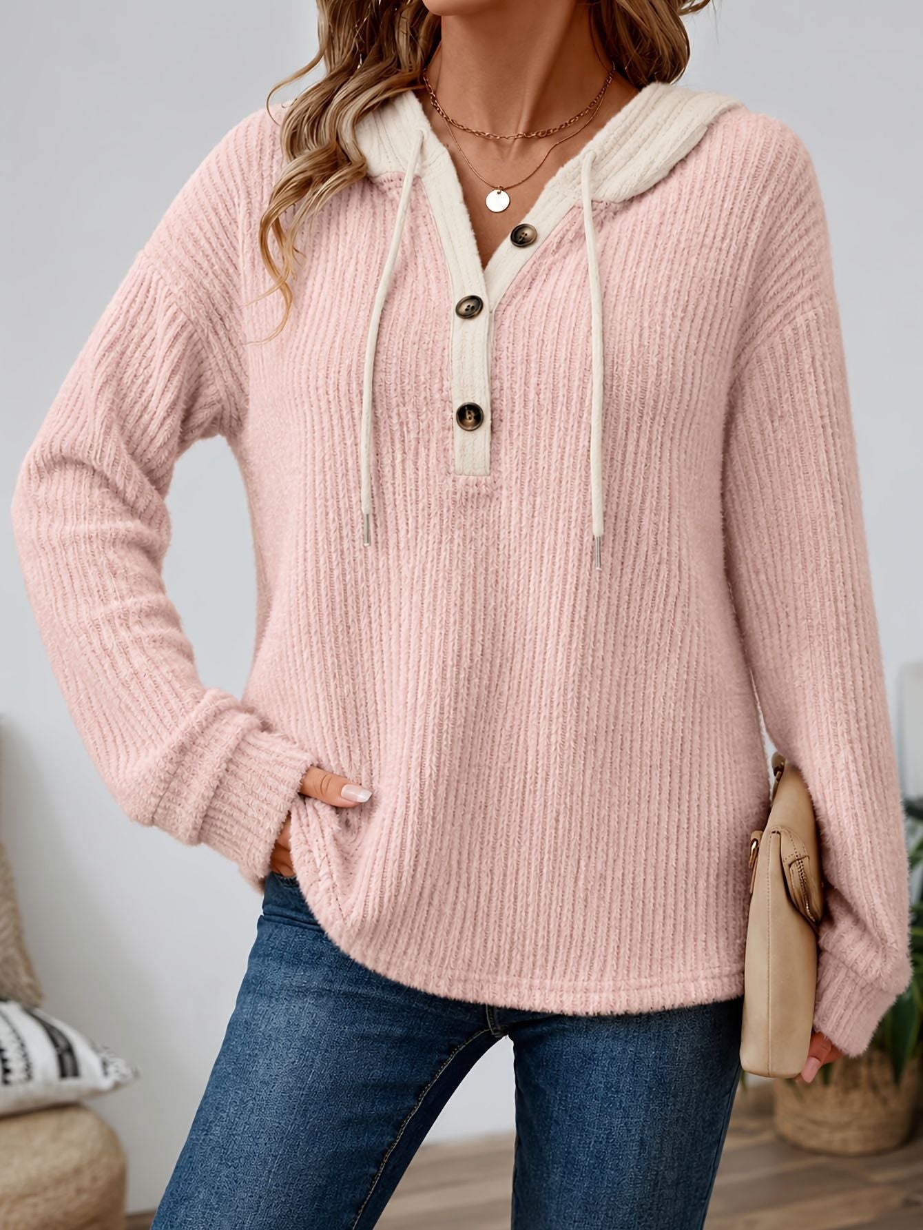 Women’s Hooded Knit Sweater Long Sleeve Pullover