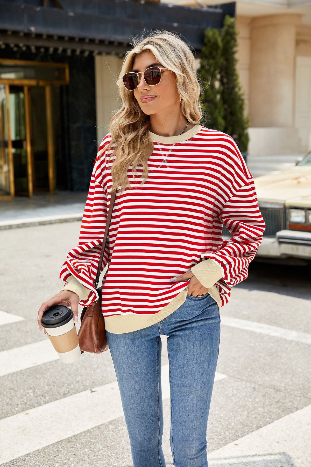 Women's Striped Color Block Oversized Crewneck Sweatshirt
