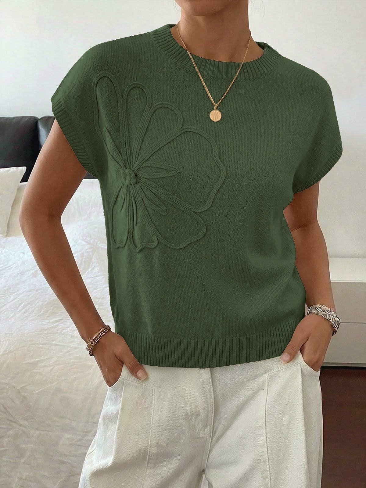 Womens 3D Floral Knit Top Short Sleeve Pullover