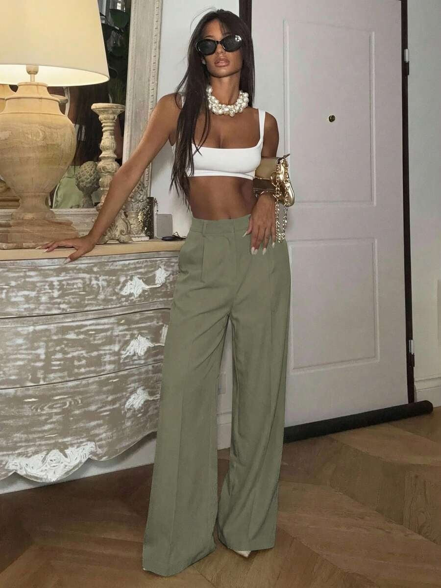 Solid High Waisted Wide Leg Dress Pants Business Work Trousers