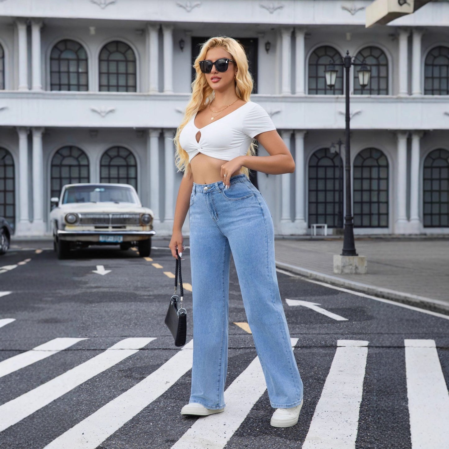 2026 High Waisted Wide Leg Washed Denim Jeans