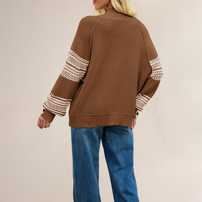 Womens Oversized Mock Neck Color Block Geometric Sweater