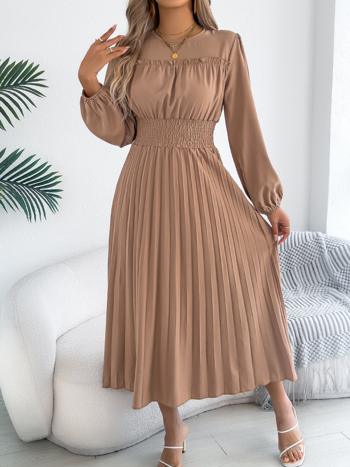 Light Blue Smocked Waist Long Sleeve Pleated Maxi Dress