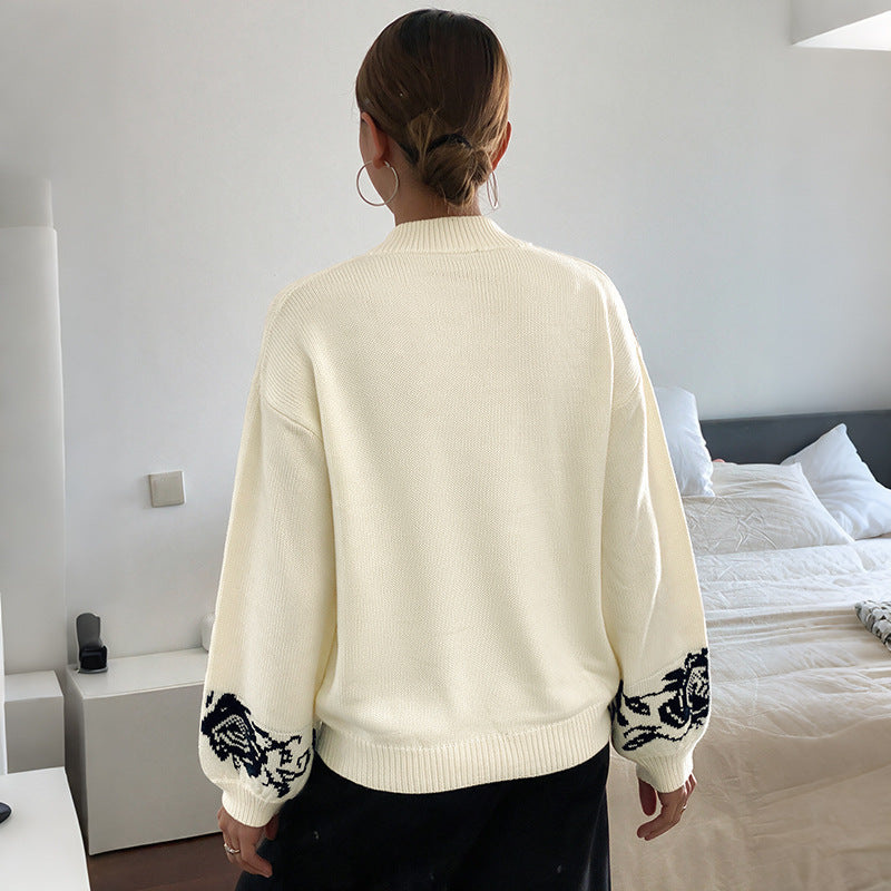 Women's Oversized V-Neck Rose Sweater Vintage Knit Pullover