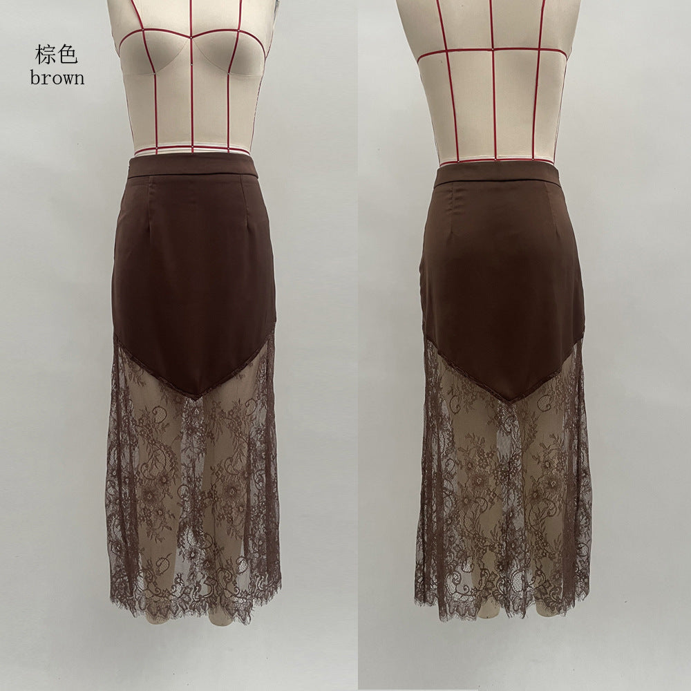 Lace Trim Midi Skirt High Waist Bodycon Elegant Skirt