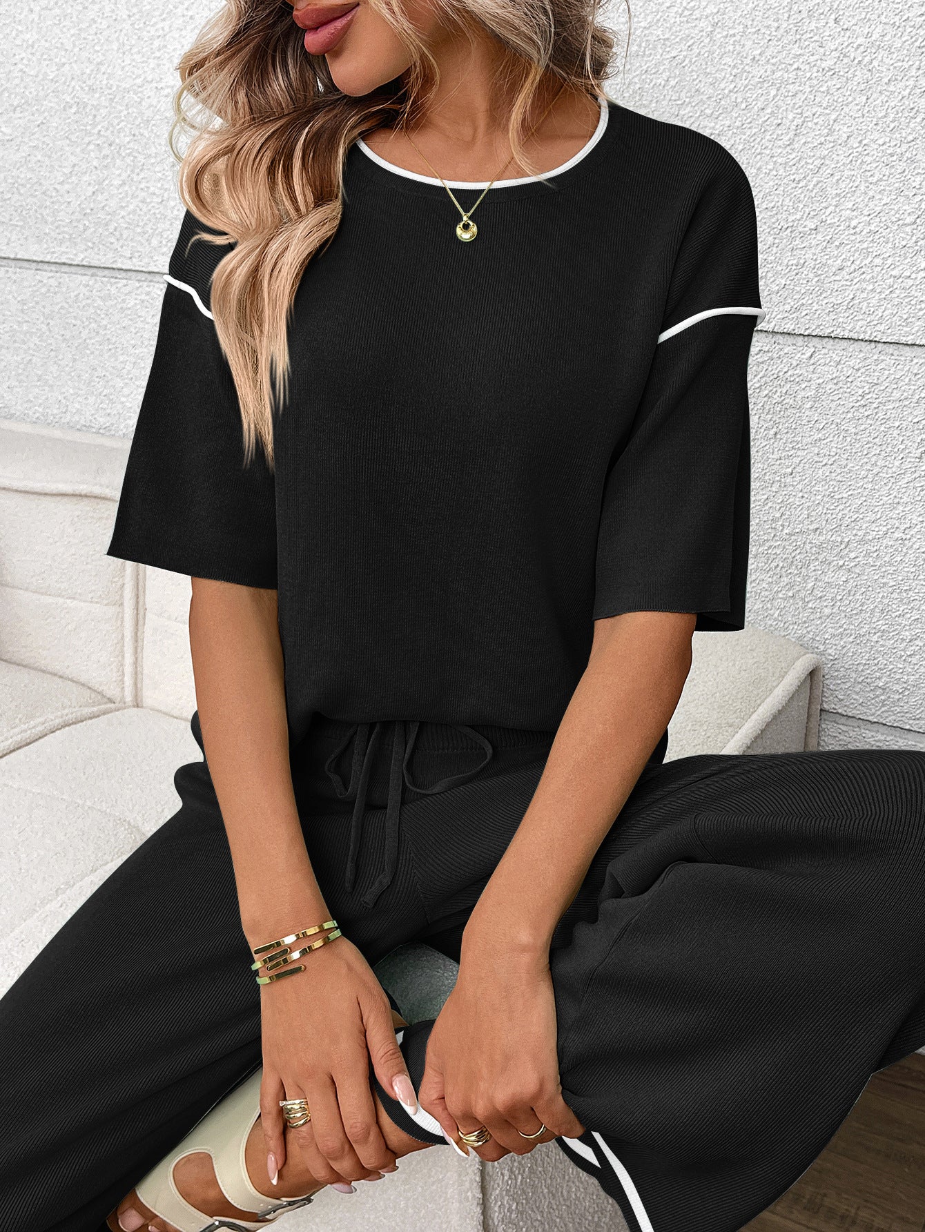 Women Short Sleeve Knit Lounge Set Wide Leg Pants