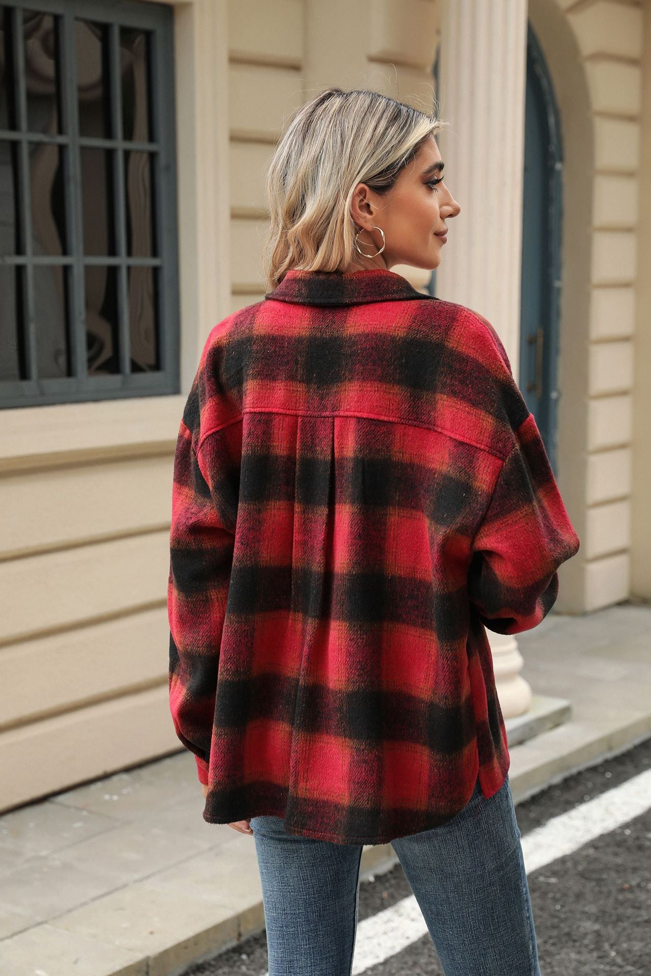Lapel Plaid Long-sleeved Loose Woolen Jacket