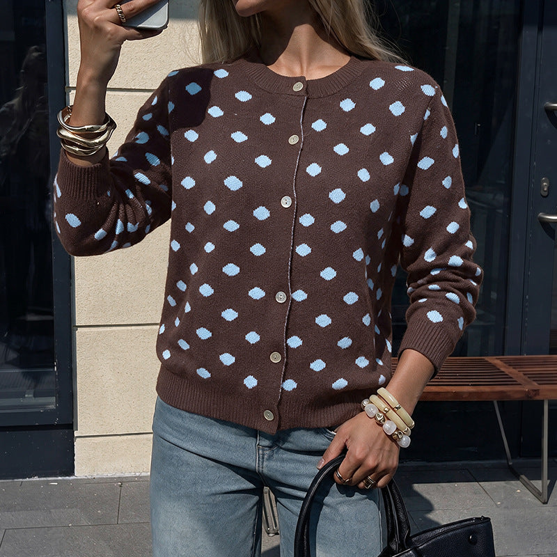 Polka Dot Knit Cardigan Button Front Long Sleeve Sweater