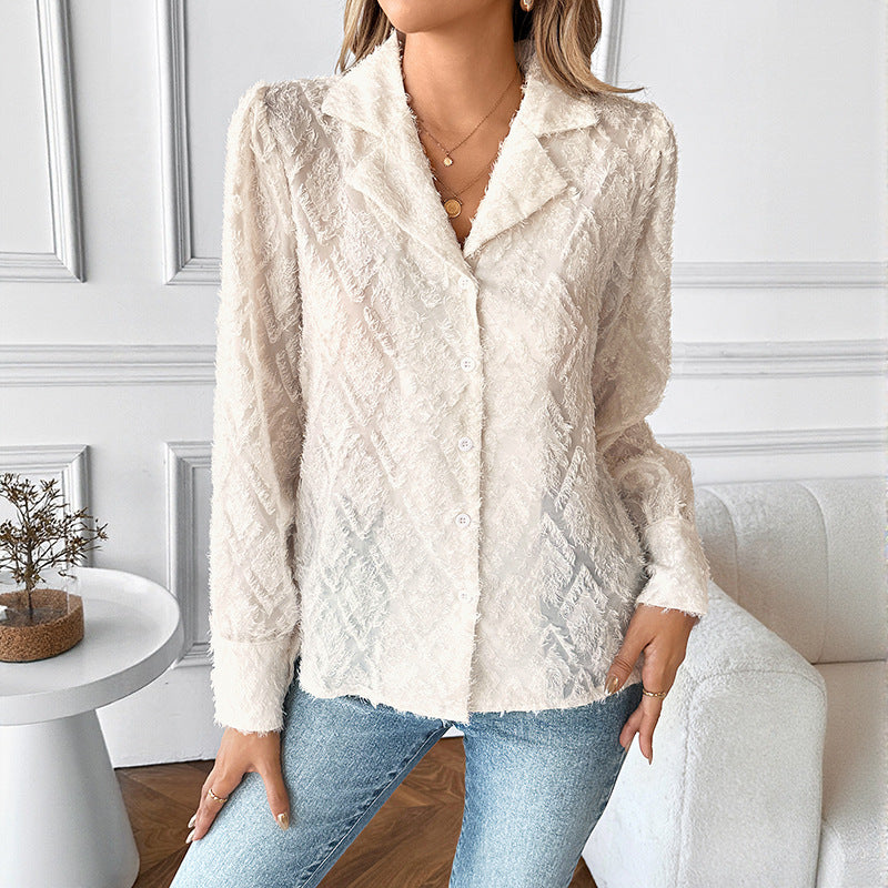 Jacquard Polyester Blouse Elegant Button Front Shirt