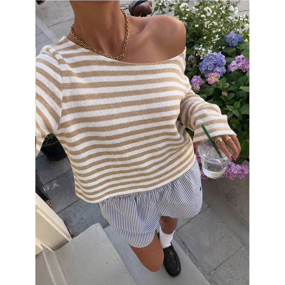 Striped Off Shoulder Long Sleeve Knit Top