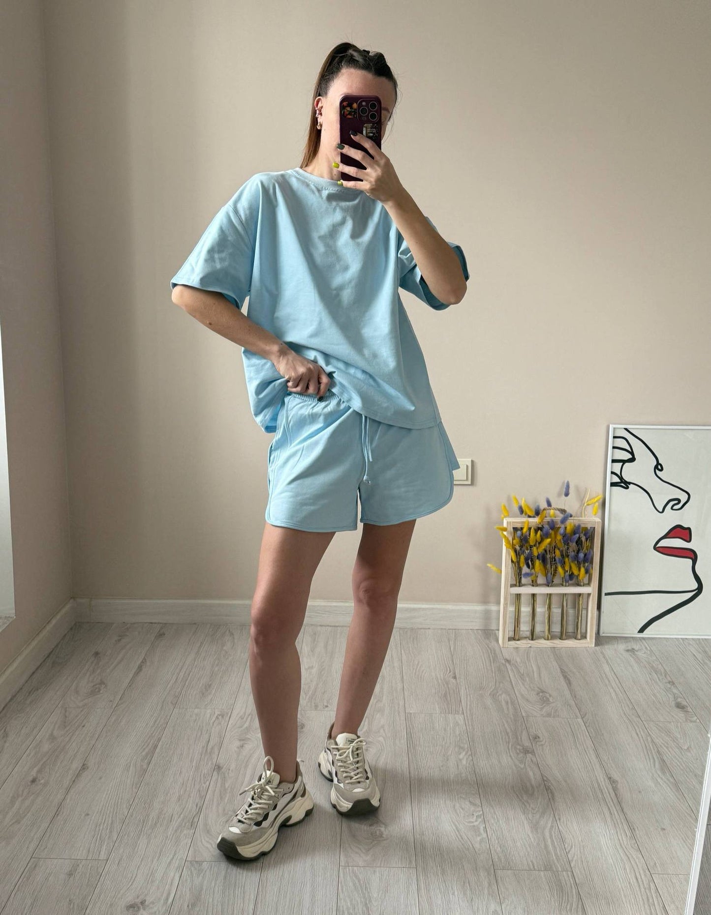 Two Piece Shorts Set, Oversized Tee & Drawstring Shorts