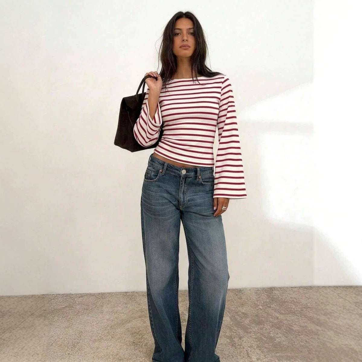 Women's Y2K Striped Bell Sleeve Fitted Crop Top Casual Tee