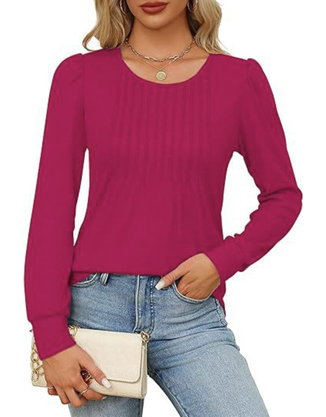 Solid Cotton Top Casual Pleated Puff Sleeve
