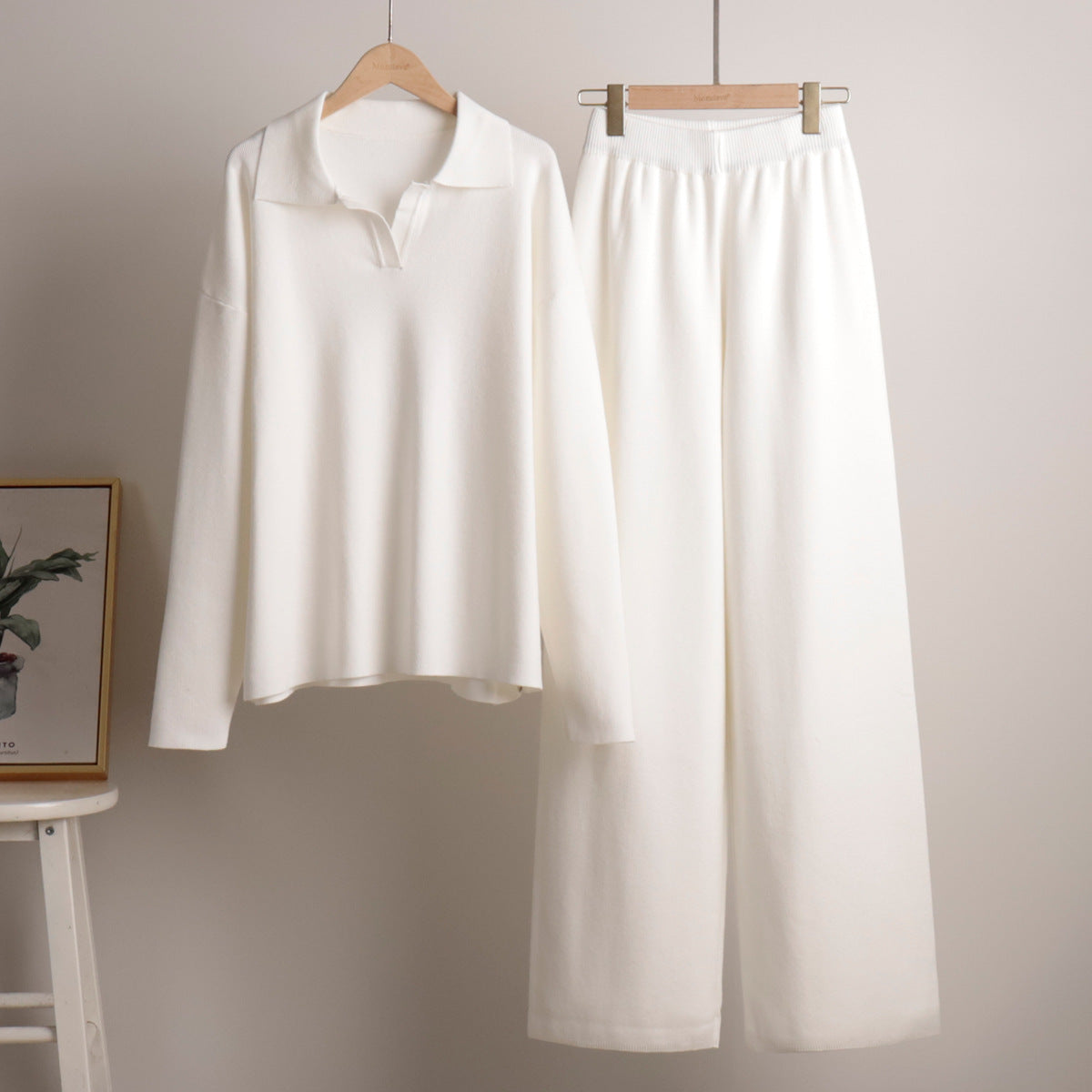 Polo Collar Knit Sweater Wide Leg Pants Set