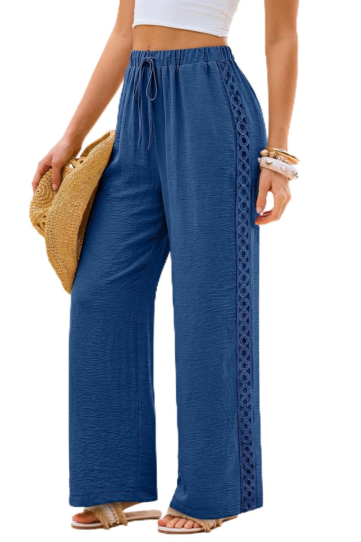 Women Lace Trim Drawstring Wide Leg Casual Pants