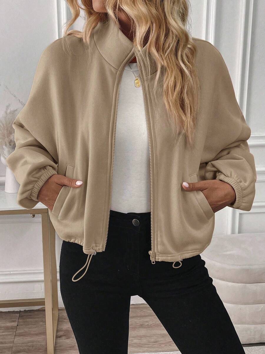 Fleece Zip Up Jacket Drawstring Casual Cropped Outerwear