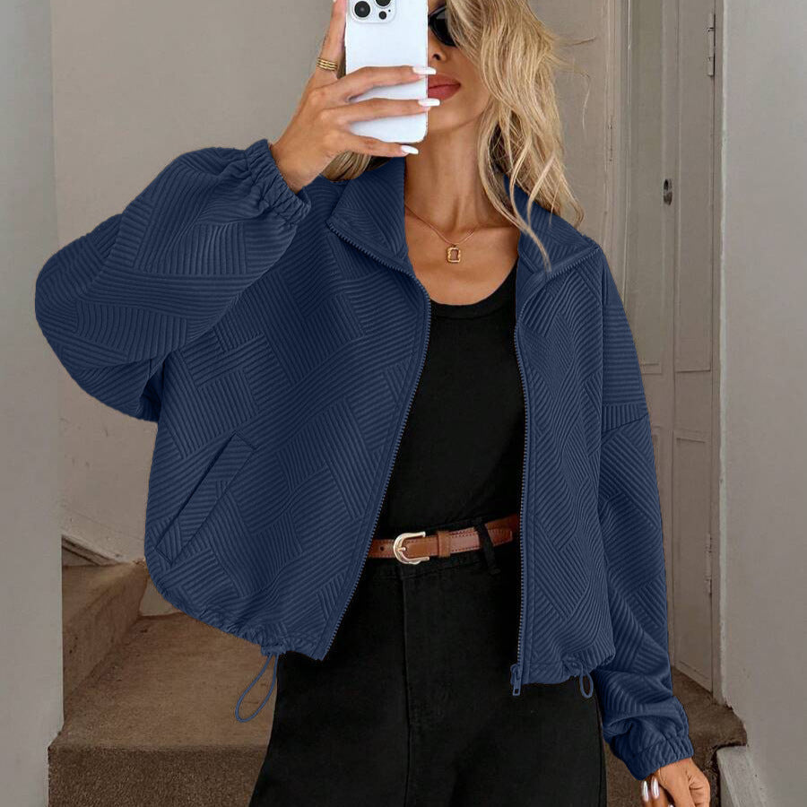 Textured Polyester Jacket Casual Bomber Oversized Zip Up