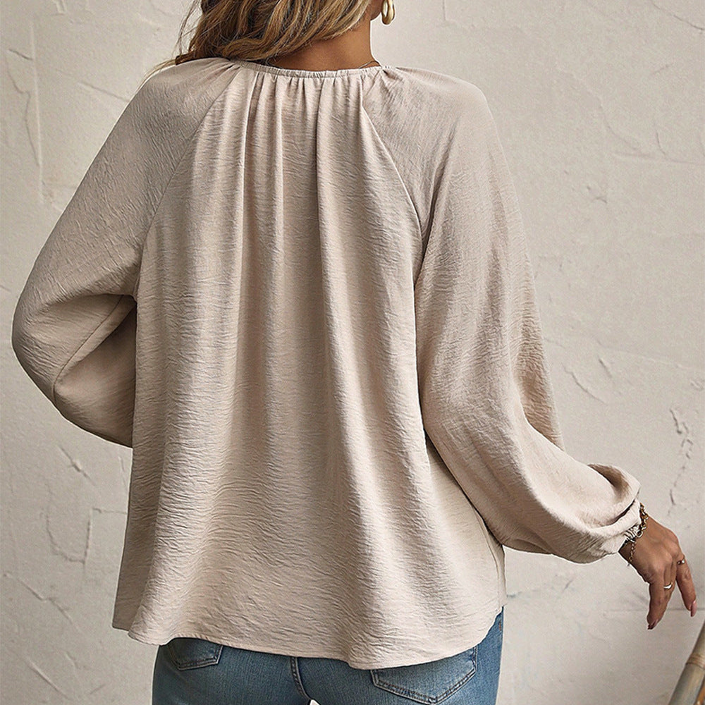 Tie Front Split Neck Balloon Sleeve Blouse