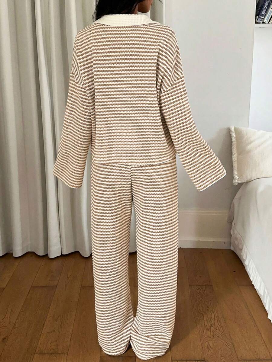 Women's Knit Stripe Loungewear Set Long Sleeve Top Pants