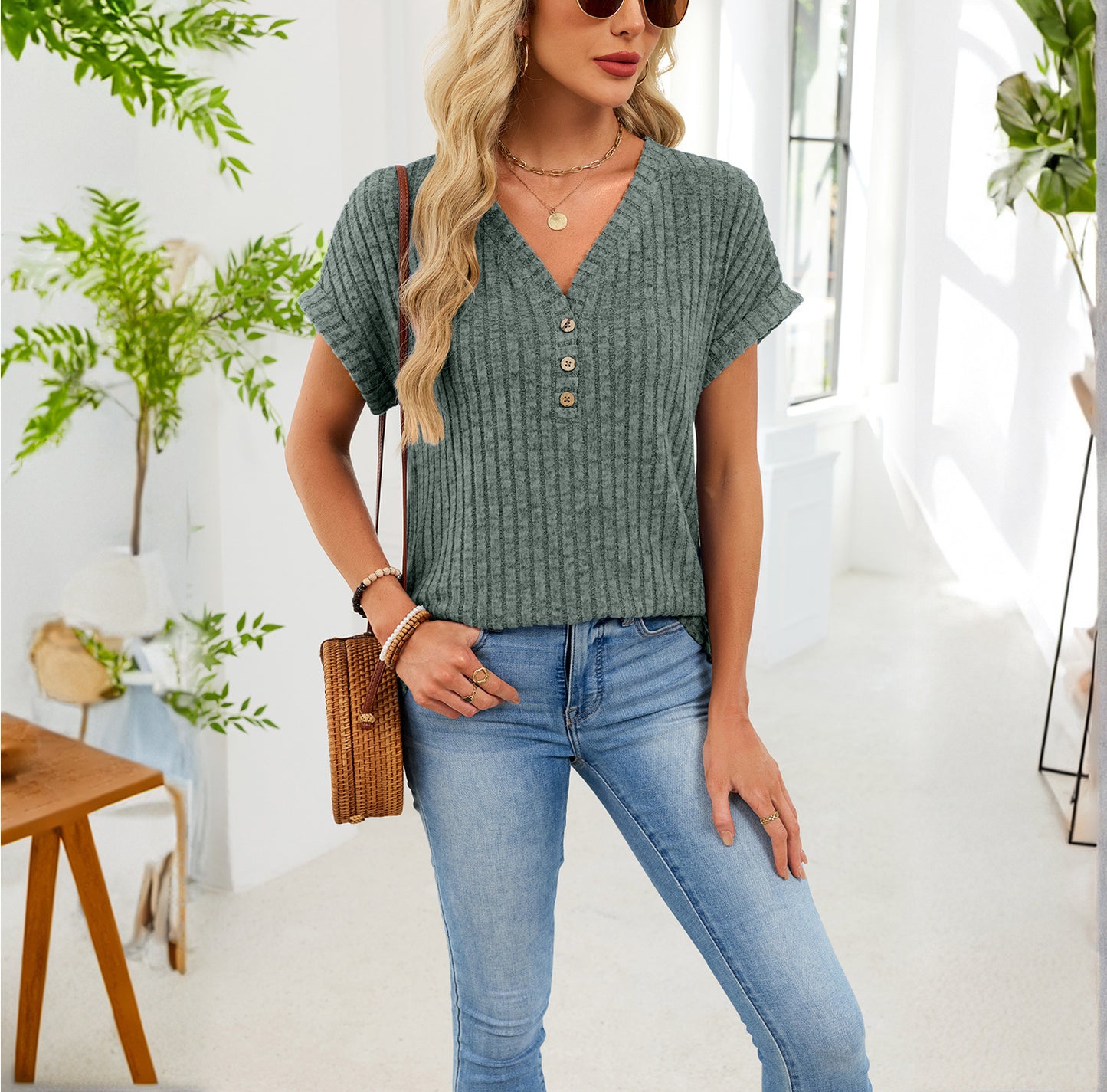 Solid Ribbed Knit Top V Neck Casual Short Sleeve