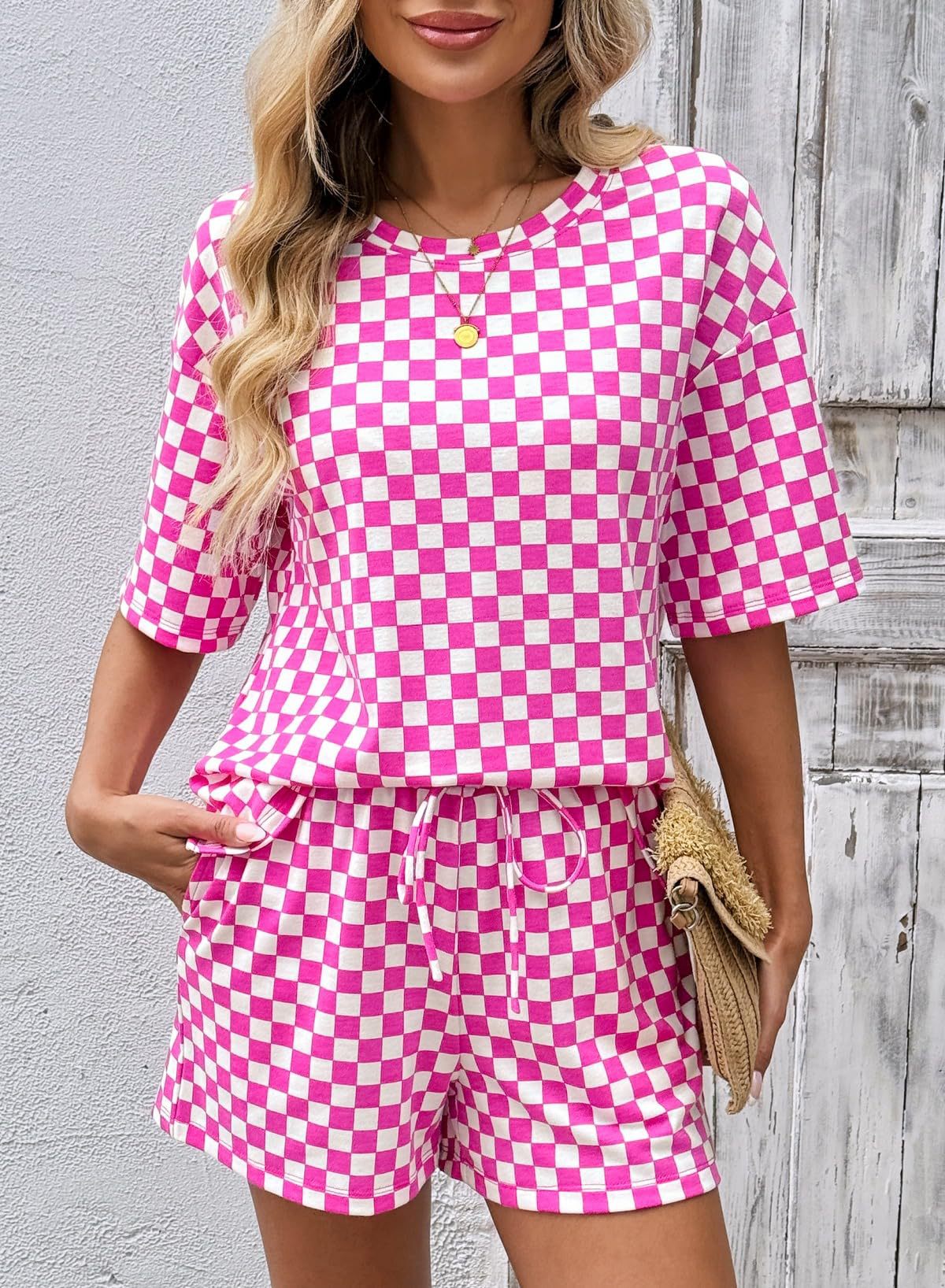 Women's Checkerboard Lounge Set Drawstring Shorts Casual
