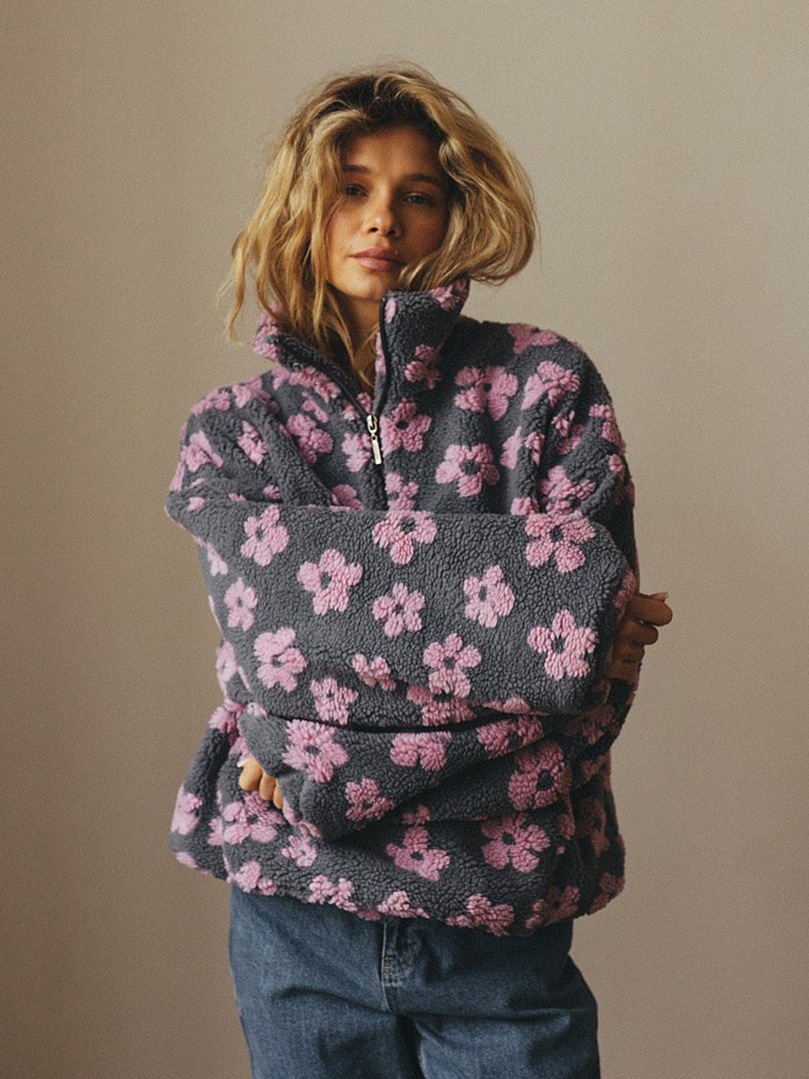 Floral Sherpa Pullover Half Zip Sweatshirt