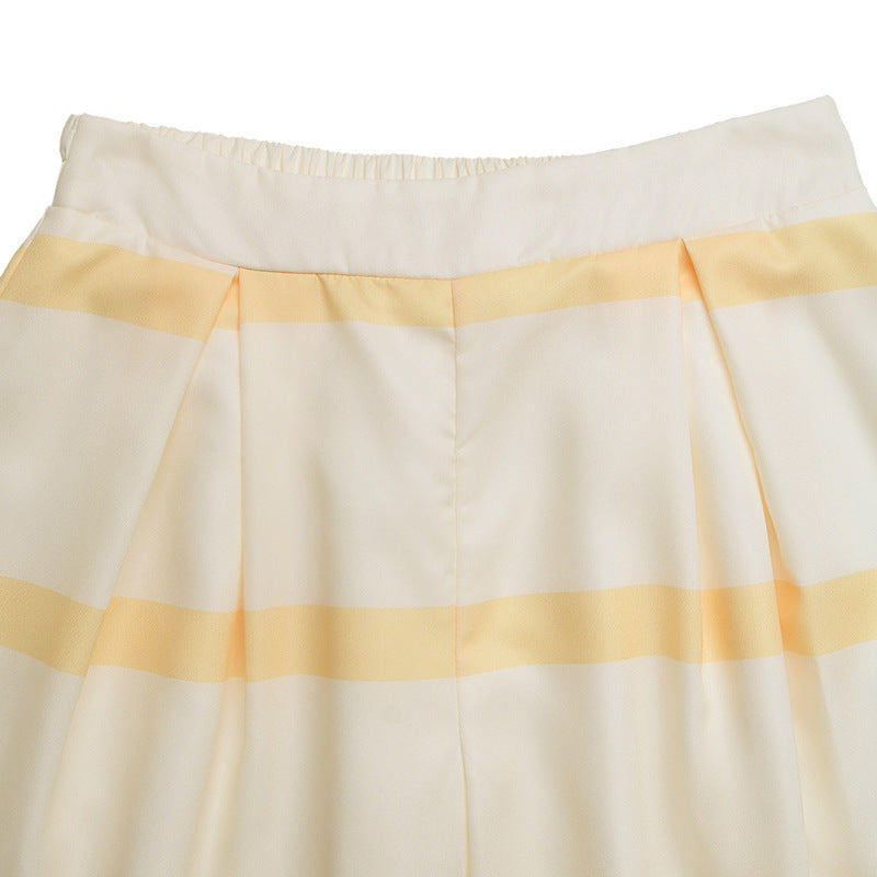 Women High Waist Stripe Pleated Maxi Skirt